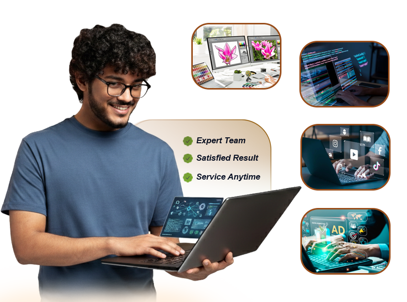 IT specialist using a laptop surrounded by design, development and marketing visuals